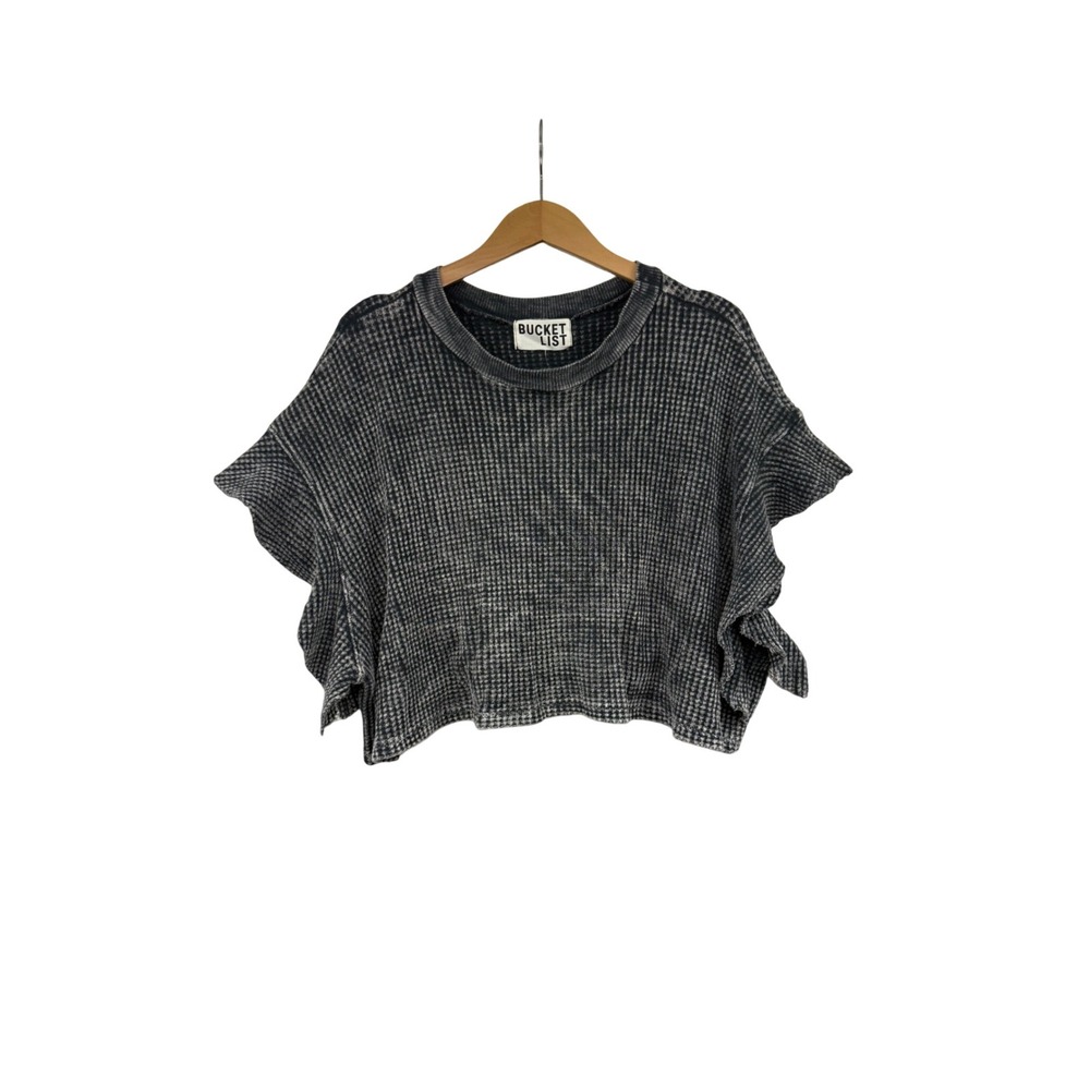 Bucketlist Top Charcoal Washed Grey Waffle Knit Ruffle Sleeve Crop Small New